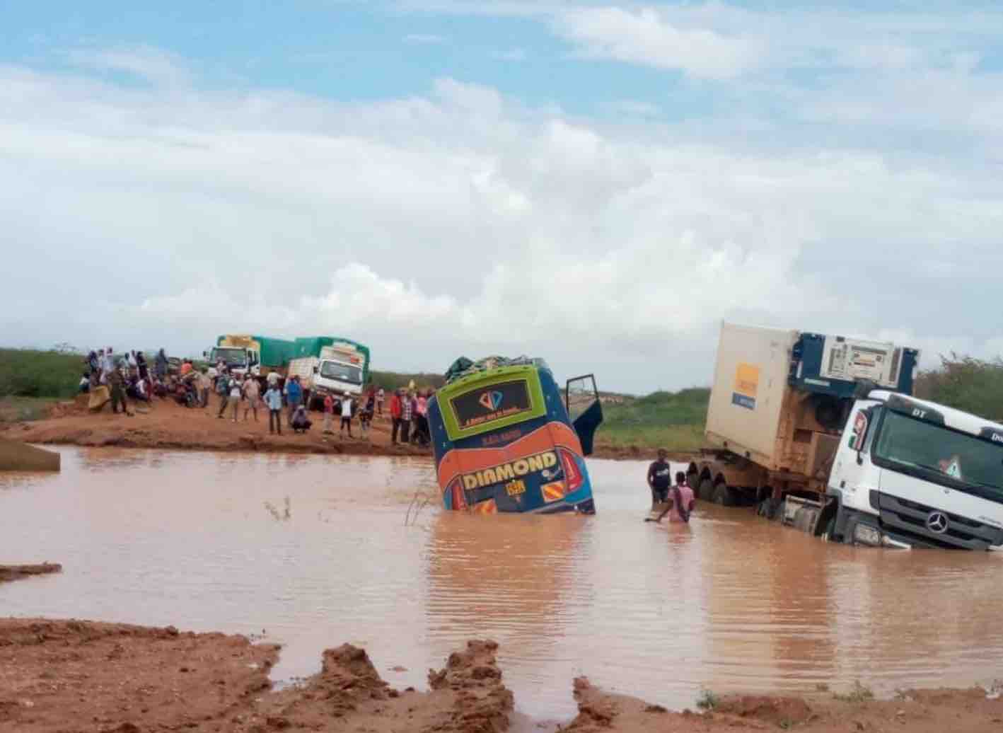 buses stuck on river