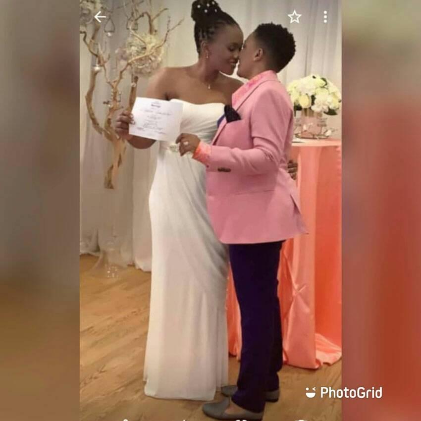 Julie Mutesasira (left) with her lesbian partner during their wedding in Canada 